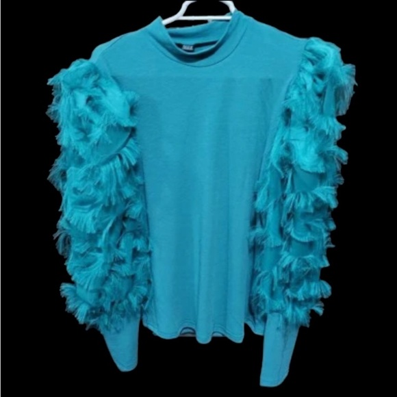 4X SHEIN Teal Blouse with Statement Feathery Sleeves - Picture 5 of 17